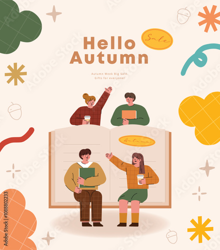 Hello autumn. Vector illustration of a group of young people reading a book and drinking coffee.