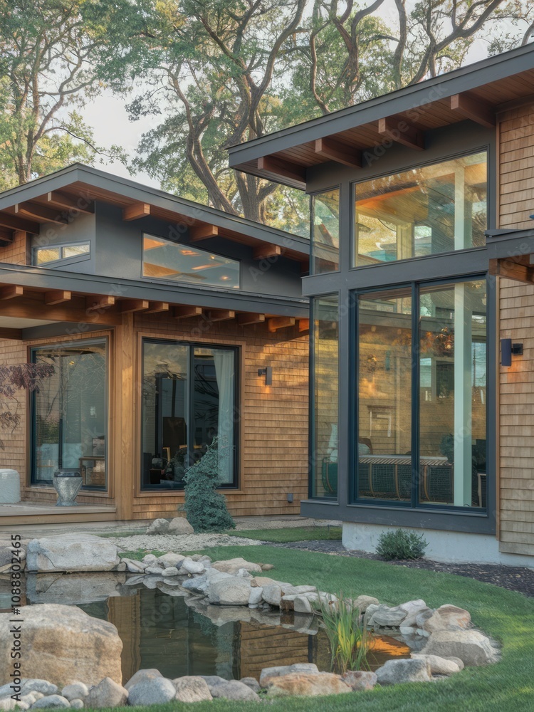 Fototapeta premium Modern Contemporary Home with Floor-to-Ceiling Windows and Beautiful Landscaping