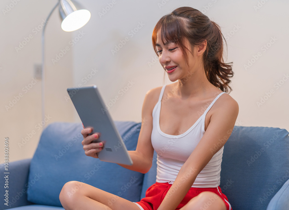 Naklejka premium Beautiful Asian Woman Sitting on Sofa and Using Digital Tablet in Her Room Relaxingly