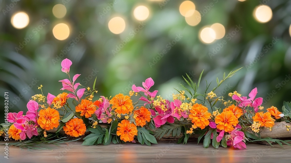 Tropical Flower Garland with Bright Orange Marigolds and Pink Bougainvillea Against Blurred Jungle Background Tropical Flower Garland with Bright Orange Marigolds and Pink Bougainvillea Against Blurred Jungle Background