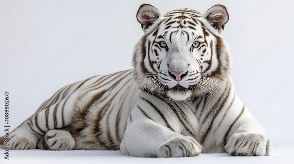 Fototapeta premium White tiger lying and gazing forward on clean background