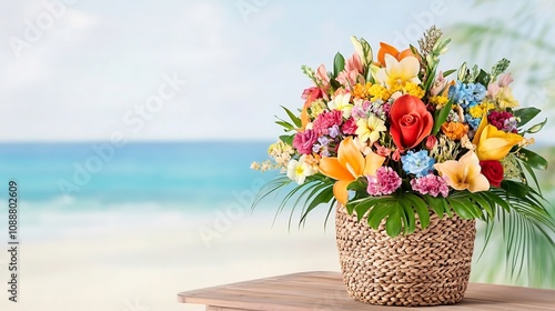 Wallpaper Mural Colorful Tropical Flower Bouquet in Woven Basket on Wooden Table with Ocean View Torontodigital.ca
