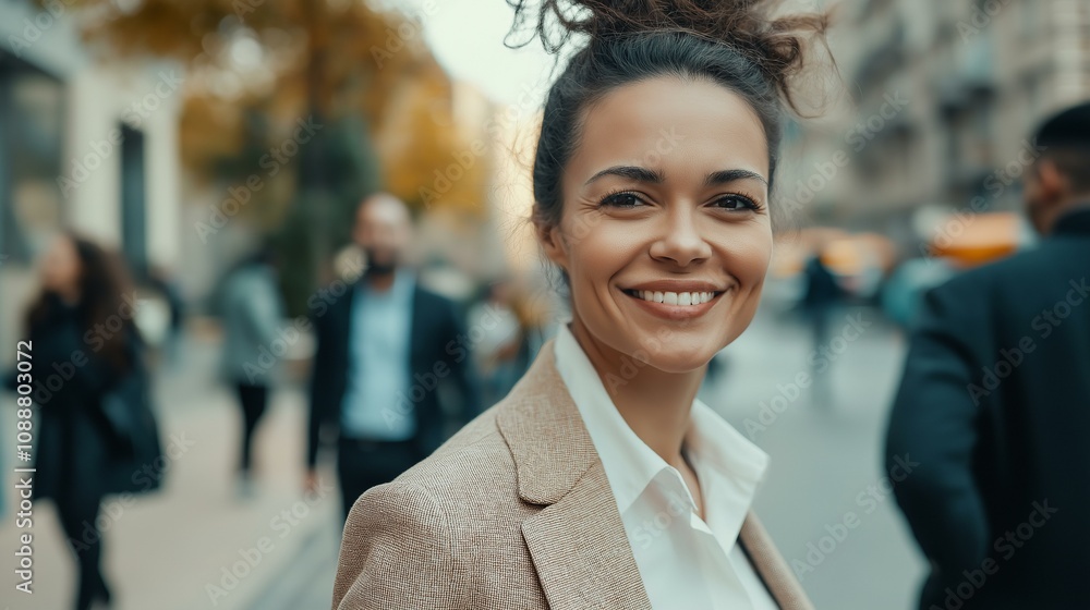 Confident young woman with a bright smile in a bustling city street on a sunny day. Confident young woman with a bright smile in a bustling city street on a sunny day.