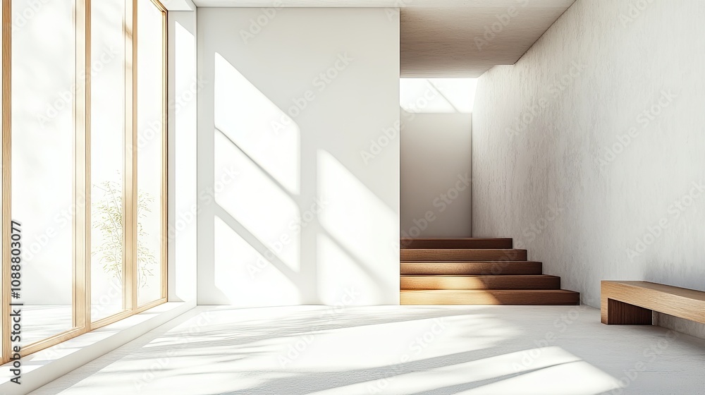 Modern minimalist hallway with wooden stairs, large window, and bench. Modern minimalist hallway with wooden stairs, large window, and bench.