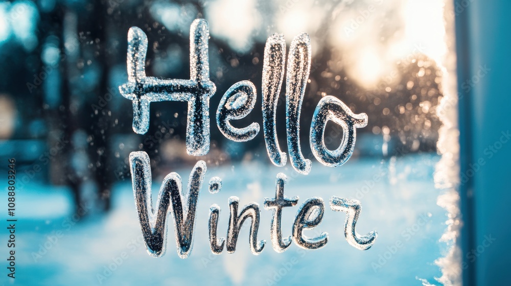 Winter greetings written on a frosted window during sunset Winter greetings written on a frosted window during sunset