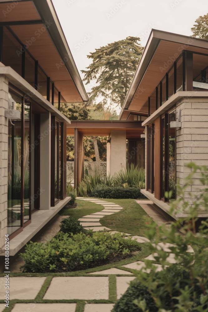 Obraz premium Modern Contemporary Home with Floor-to-Ceiling Windows and Beautiful Landscaping