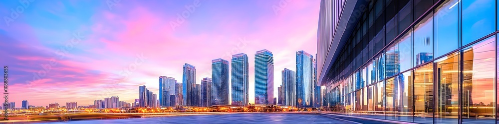 Obraz premium A vibrant cityscape of Nevada at dusk, showcasing the iconic landmark with high-rise buildings . The sky is painted with hues of blue and purple as the sun sets behind them, casting long shadows