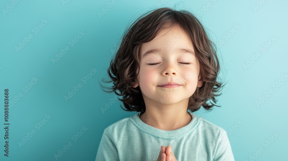 A Joyful Young Child with Closed Eyes and a Soft Smile, Gesturing in Prayerful Pose Against a Calm Blue Background, Radiating Peace and Innocence in a Playful Setting A Joyful Young Child with Closed Eyes and a Soft Smile, Gesturing in Prayerful Pose Against a Calm Blue Background, Radiating Peace and Innocence in a Playful Setting