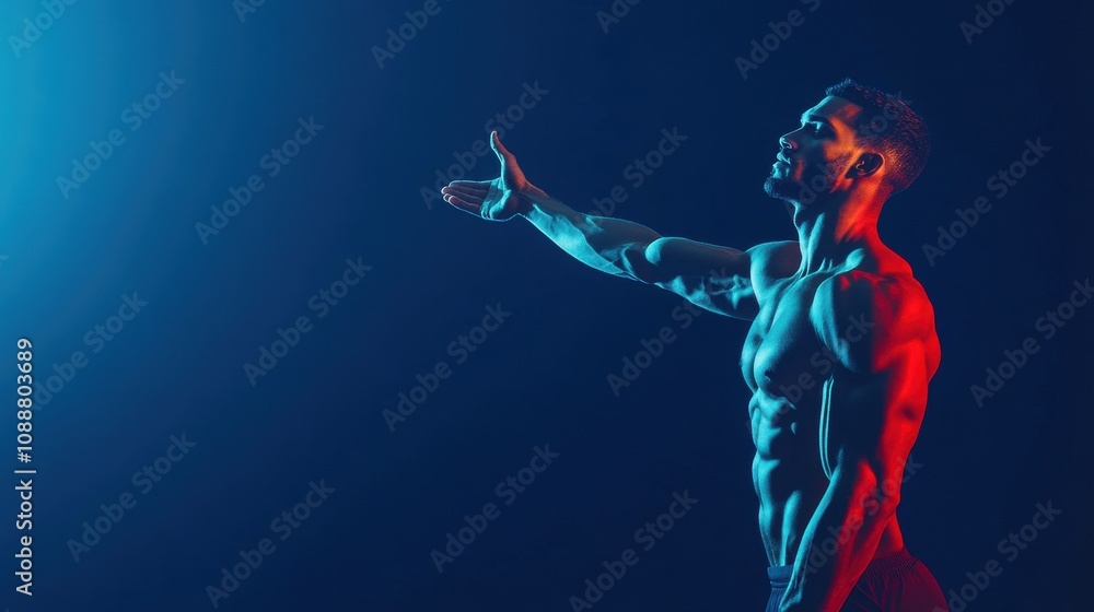 Dynamic Male in Strong Pose with Dramatic Lighting, Showcasing Athleticism and Strength in a Captivating Blue and Red Color Palette Dynamic Male in Strong Pose with Dramatic Lighting, Showcasing Athleticism and Strength in a Captivating Blue and Red Color Palette