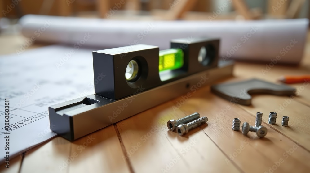 Precision Level Tool on Wooden Floor Precision Level Tool on Wooden Floor
