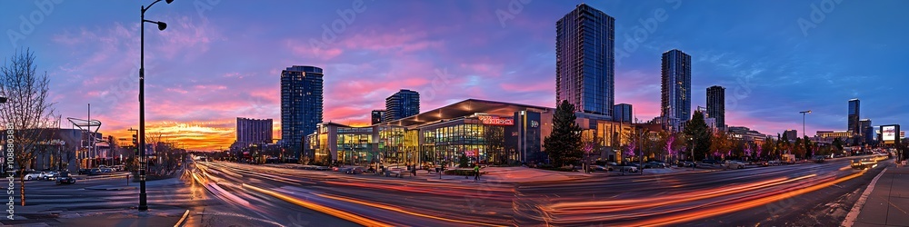A vibrant cityscape of Nevada at dusk, showcasing the iconic landmark with high-rise buildings . The sky is painted with hues of blue and purple as the sun sets behind them, casting long shadows A vibrant cityscape of Nevada at dusk, showcasing the iconic landmark with high-rise buildings . The sky is painted with hues of blue and purple as the sun sets behind them, casting long shadows