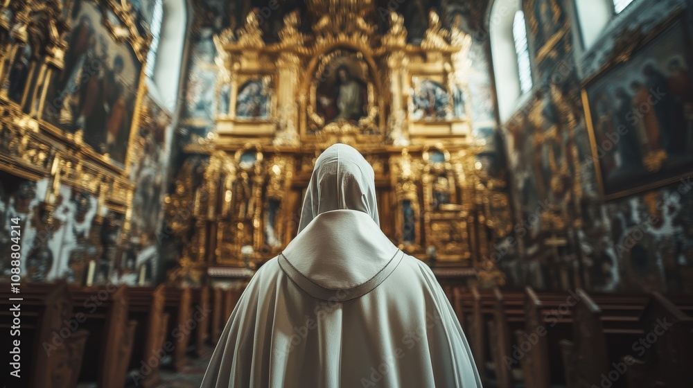 A person in a white robe stands in front of a gold-framed church A person in a white robe stands in front of a gold-framed church