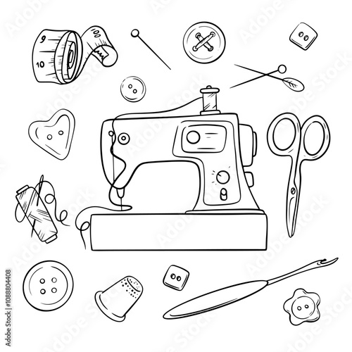 Vector illustration pincushion and sewing accessories. Handicraft tools hand drawn in doodle style.