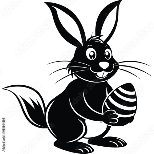 Bunny Holding Egg silhouette vector illustration on white background.