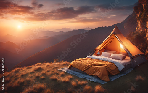 Small modern tent on mountain cliff, cozy bed and blankets inside