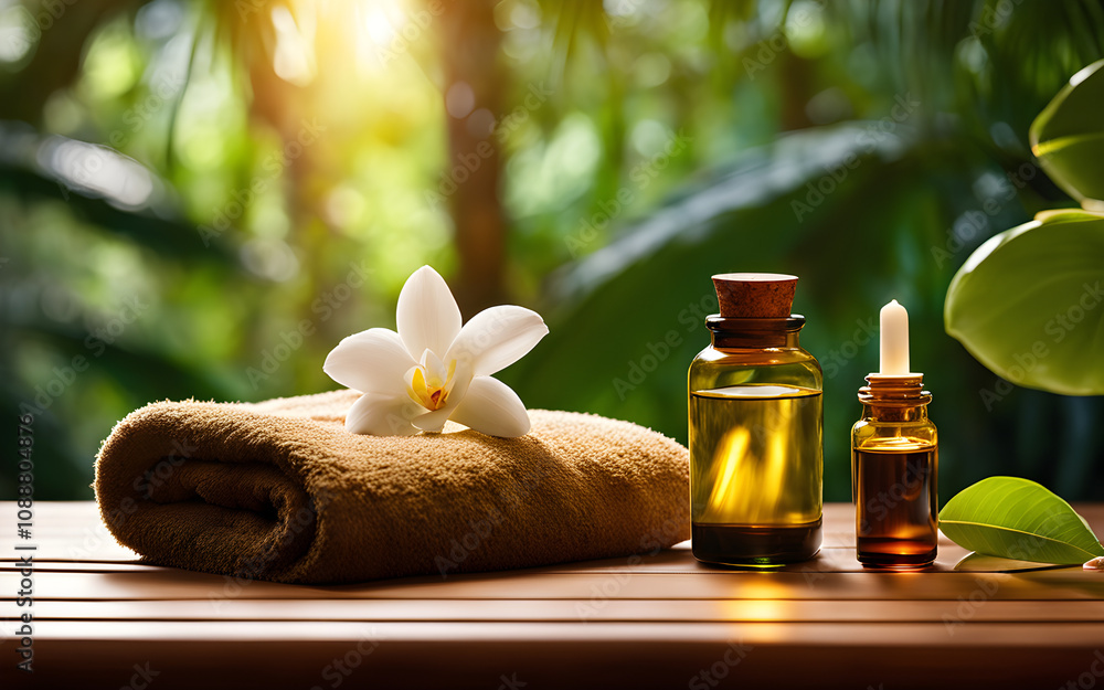 Softly lit massage table with essential oils, rolled towels Softly lit massage table with essential oils, rolled towels