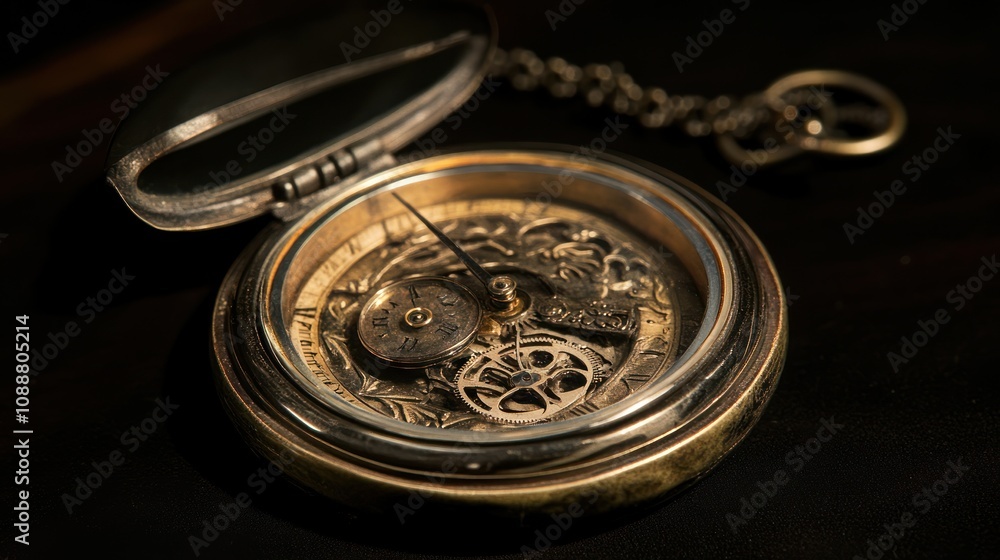 Antique pocket watch, open face, intricate gears. Antique pocket watch, open face, intricate gears.