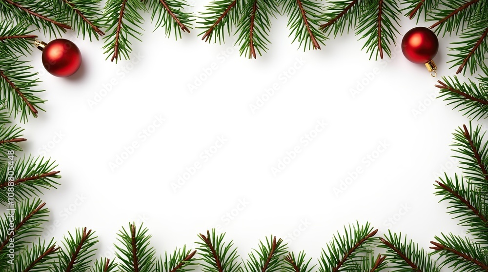 Christmas decorations with tree branches and baubles frame isolated on white background Christmas decorations with tree branches and baubles frame isolated on white background