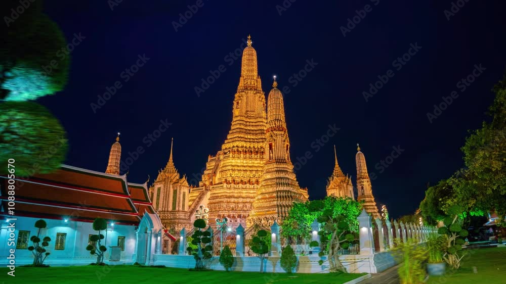 Hyperlapse video of Wat Arun in Bangkok, Thailand at night