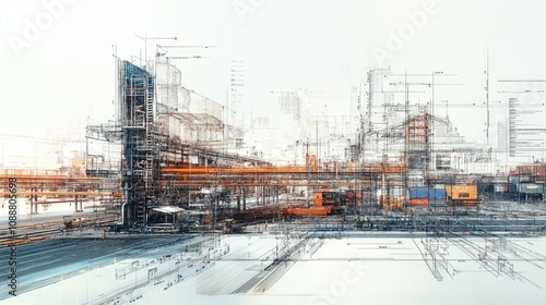 Abstract industrial cityscape sketch, depicting infrastructure, pipelines, and containers.