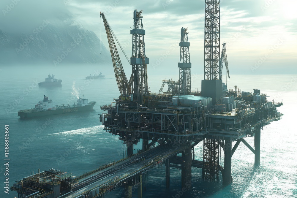 An offshore oil rig with ships in the background, set against a misty seascape. An offshore oil rig with ships in the background, set against a misty seascape.