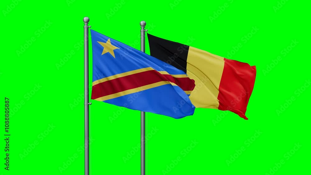 Belgium and Congo-Kinshasa flags flying together, video concept of the relationship with colored chroma key for easy background remove Belgium and Congo-Kinshasa flags flying together, video concept of the relationship with colored chroma key for easy background remove
