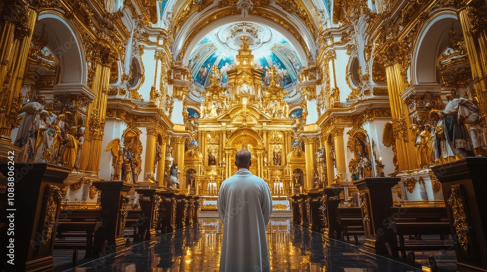 Obraz premium A man stands in a large, ornate church