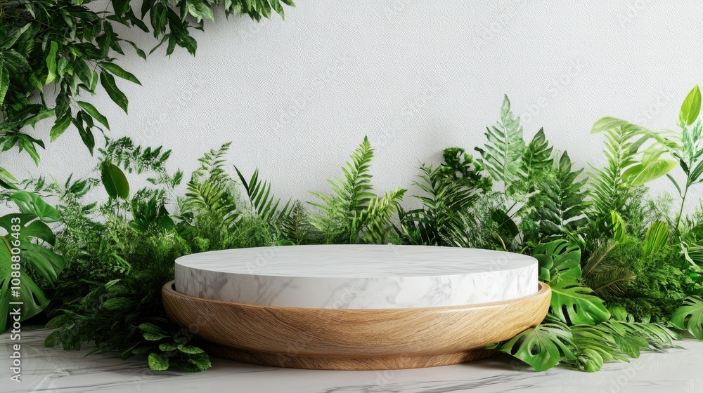 White marble podium on wooden base with lush green foliage. White marble podium on wooden base with lush green foliage.