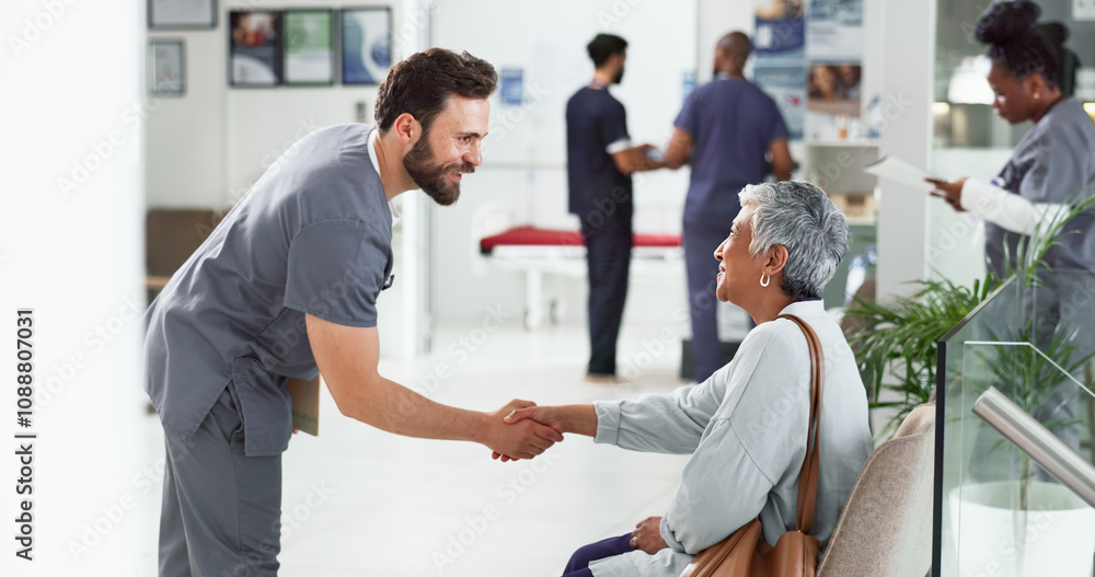 Obraz premium Doctor, handshake and meeting with old woman in hospital for consulting, diagnosis and healthcare results. Support, advice and trust with people in clinic for medical exam, life insurance and patient