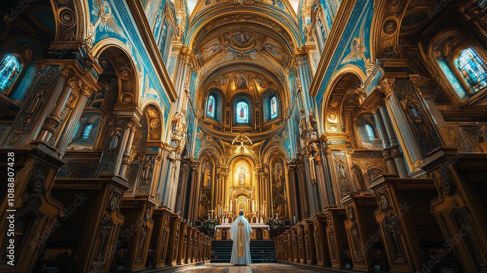 A large church with gold accents and stained glass windows A large church with gold accents and stained glass windows