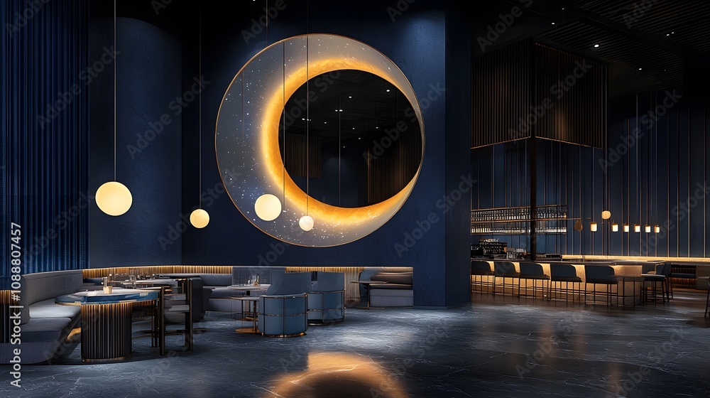 A celestial eclipse coffee bar with dark, moody decor, glowing crescent lights, and shadow play designs A celestial eclipse coffee bar with dark, moody decor, glowing crescent lights, and shadow play designs
