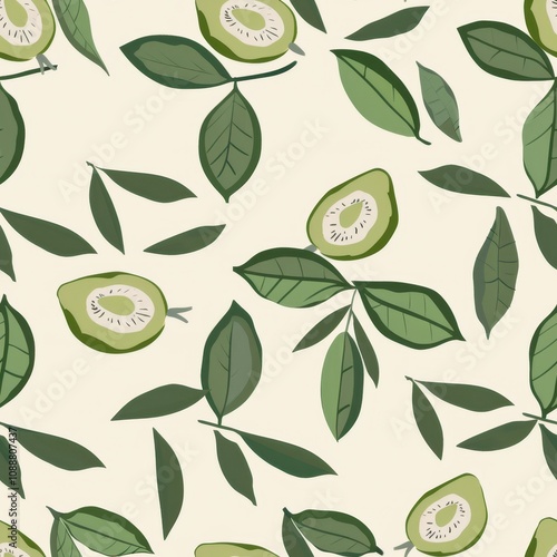 Seamless Pattern Design Featuring Fresh Green Kiwis and Leaves on a Light Background, Perfect for Textile, Wallpaper, and Graphic Design Projects