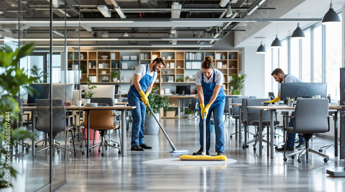 Three cleaners are thoroughly mopping and disinfecting the floor in a contemporary office during the day photo