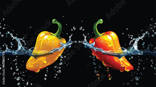 Vibrant Yellow Paprika in Water Splashes on Black Background