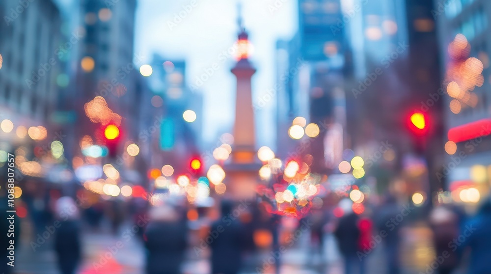 Blurred city street scene at dusk, with monument and pedestrians. Blurred city street scene at dusk, with monument and pedestrians.