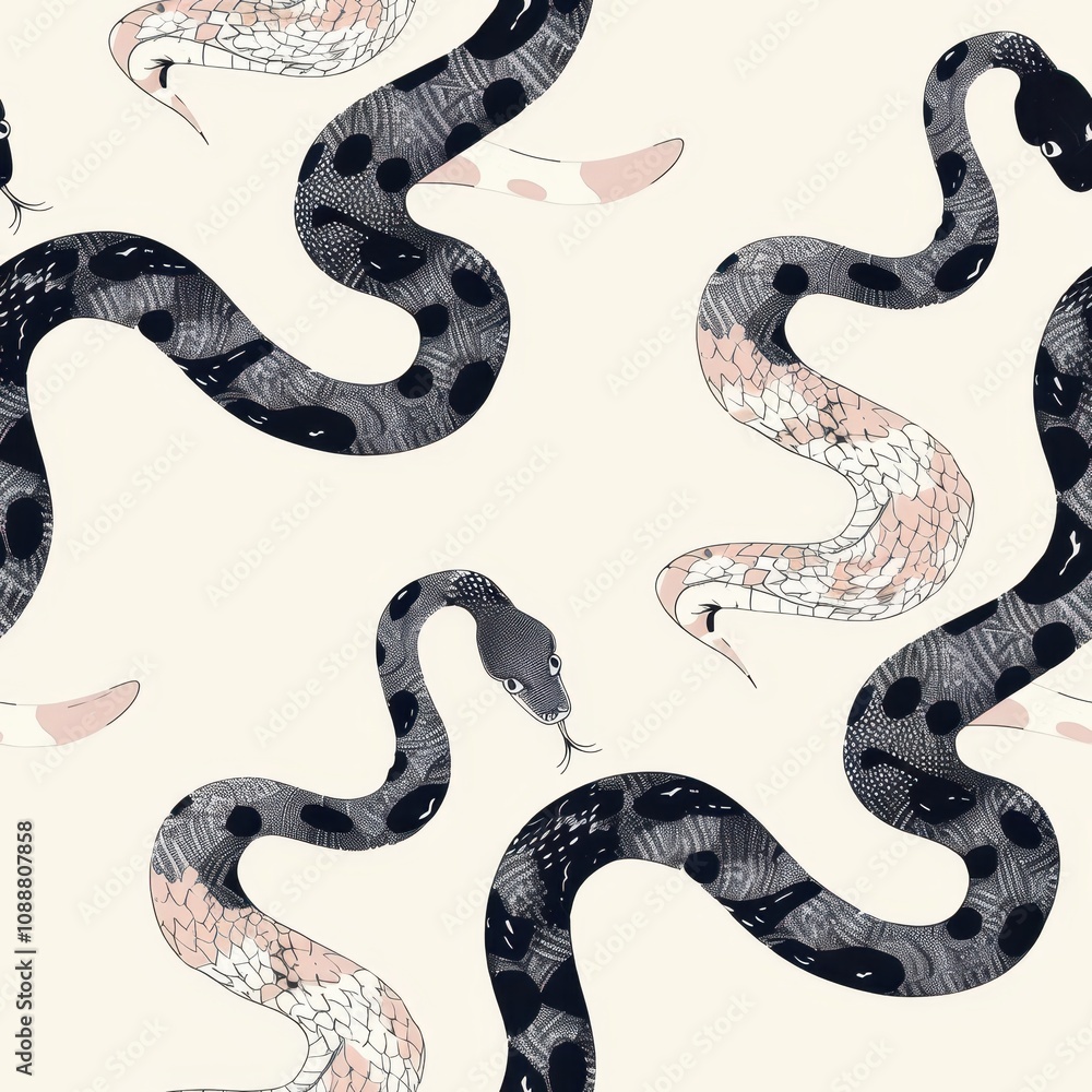 Obraz premium Illustrated Serpents in Light Pastel Colors with Geometric Patterns Creating a Playful and Whimsical Background Design for Creative Projects