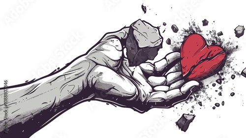 Precision Break: Human Hand Breaking Stone Heart, Handdrawn