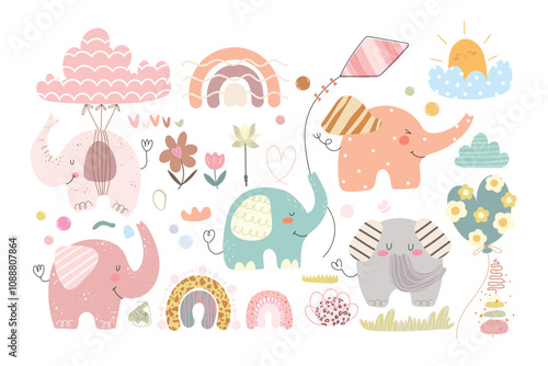 Canvas Print Cute elephants world, kids ser with elephants,rainbows, baloons, kites, nature, hearts, clouds