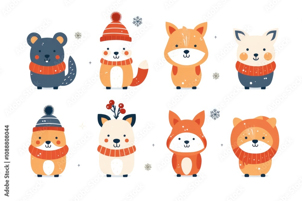 Adorable winter animals in cozy knitted attire with festive hats Adorable winter animals in cozy knitted attire with festive hats