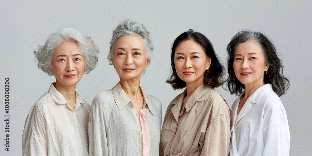 Four Confident Asian Women in White Shirts Against a Grey Background Four Confident Asian Women in White Shirts Against a Grey Background