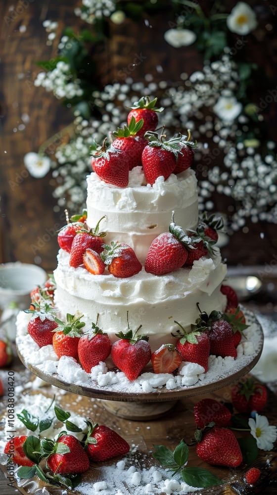 Beautiful Three-Tiered Cake Decorated with Fresh Strawberries and Whipped Cream Surrounded by Flowers and Snowy Sugar for a Stunning Celebration Beautiful Three-Tiered Cake Decorated with Fresh Strawberries and Whipped Cream Surrounded by Flowers and Snowy Sugar for a Stunning Celebration
