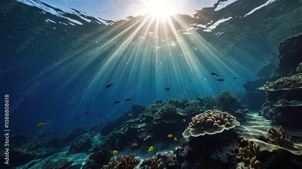 Fototapeta premium deep blue underwater with sun beams background.