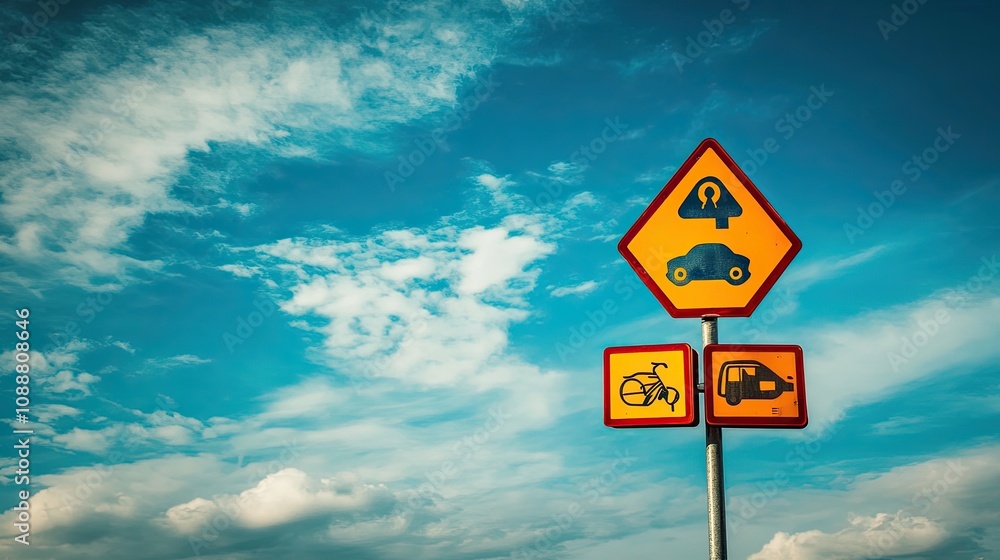 Low overhead clearance warning sign with bicycle and car symbols under a vibrant blue sky. Low overhead clearance warning sign with bicycle and car symbols under a vibrant blue sky.