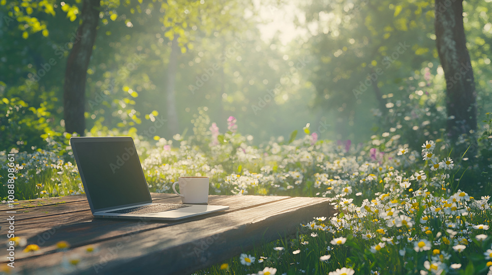 Fototapeta premium Cozy forest workspace laptop and coffee on a wooden table surrounded by wildflowers Copy space