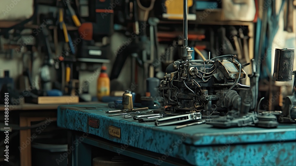 Disassembled engine on workbench in cluttered workshop. Disassembled engine on workbench in cluttered workshop.
