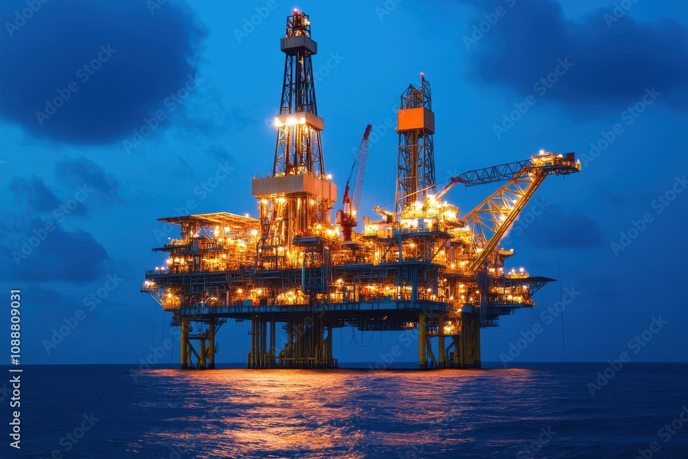 An illuminated offshore oil rig at dusk, showcasing industrial energy extraction. An illuminated offshore oil rig at dusk, showcasing industrial energy extraction.