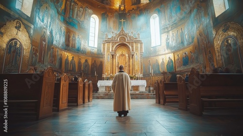 A man stands in a large church with many pews