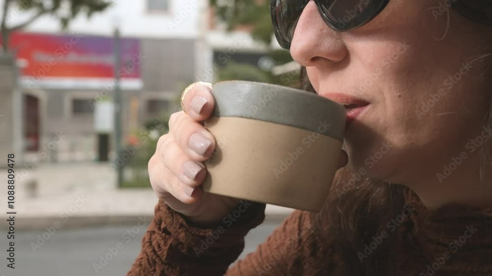 Close-up of a woman sipping a hot drink outdoors in a cityscape, conveying relaxation and warmth. The scene captures a leisurely moment with a focus on serene enjoyment. Close-up of a woman sipping a hot drink outdoors in a cityscape, conveying relaxation and warmth. The scene captures a leisurely moment with a focus on serene enjoyment.