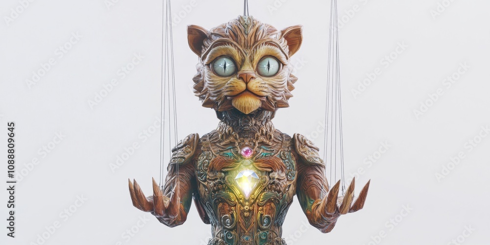 Fototapeta premium A fantastical cat-like figure with mechanical features and glowing elements.