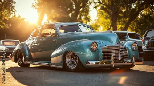 Teal vintage car at sunset, classic automobile, lowrider.